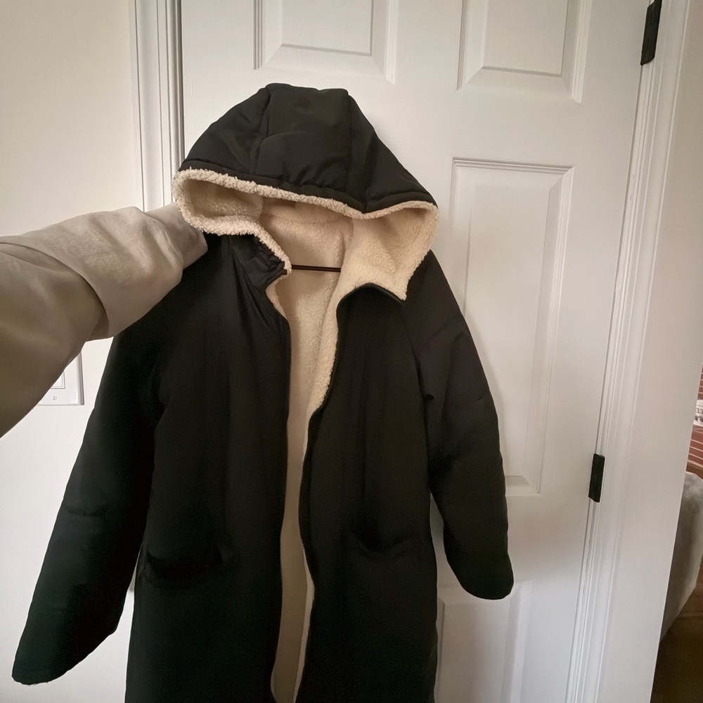 Black Hooded Coat with Cream Teddy Lining